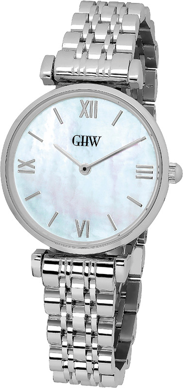 Tyylikäs 32 mm GHW-rannekello naisille. Teräksenvärinen runko ja helmiäistaulu yhdistettynä roomalaisin numeroin. Kellossa Miyota-koneisto, mineraalilasi ja 3ATM vedenkestävyys, koneistotakuu 4 vuotta.