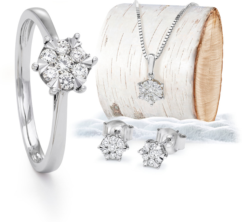 Valkokultasormus,-riipus ja -korvakorut. Ketju ei sisälly hintaan.