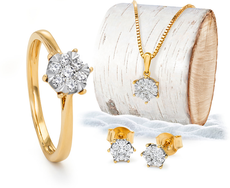 Keltakultasormus,-riipus ja -korvakorut. Ketju ei sisälly hintaan.