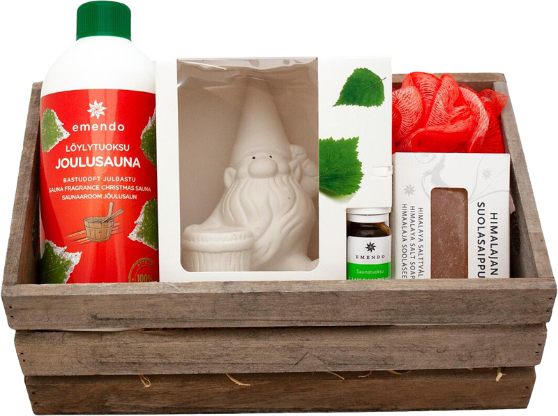 Sisältää: löylytuoksu Joulusauna 500 ml + saunatonttu valkoinen + eukalyptus 10 ml + punainen pesukukka + himalajan suolasaippua 240 g.