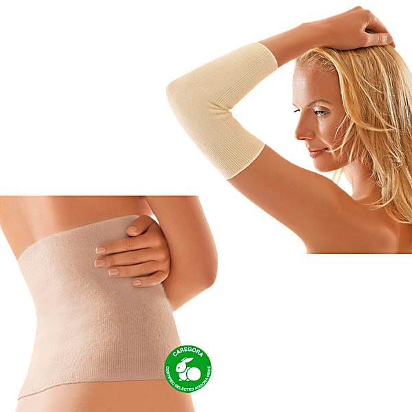 Pehmeät lämmittimet selälle sekä polveen tai kyynärpäähän. 44 % angoraa, 26 % villaa.