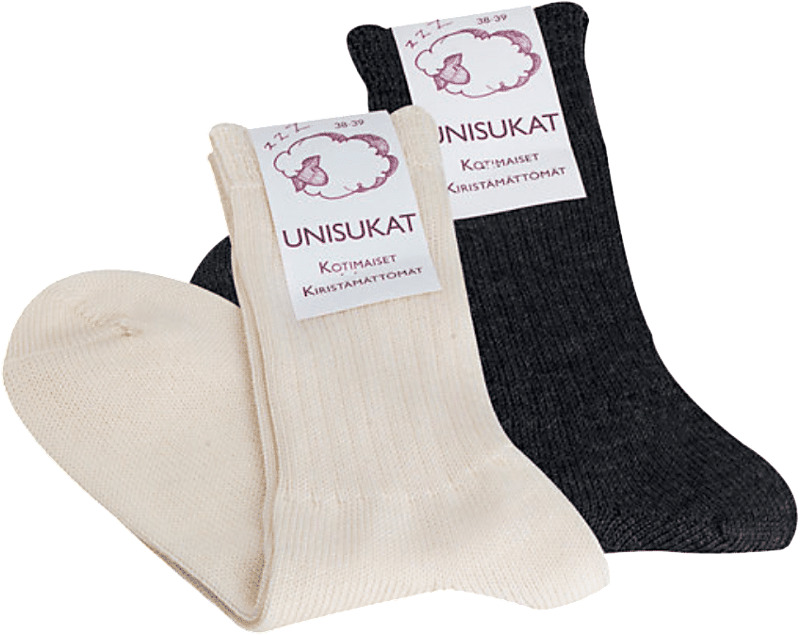 Lämmittävä lahja läheiselle tai itselle. Ihanan pehmeät, kotimaiset "unisukat" ovat 100 % merinovillaa. Varsi on kiristämätön ja erittäin joustava. Luonnonvalkoinen ja harmaa, koot 36–48.