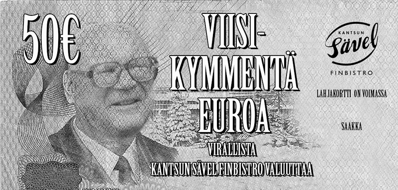 Osta 50 € saat 10 €,
osta 100 € saat 20 € kaupan päälle.