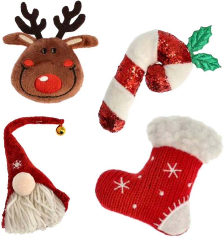 Valikoima hauskoja jouluaiheisia leluja kissanmintulla. 