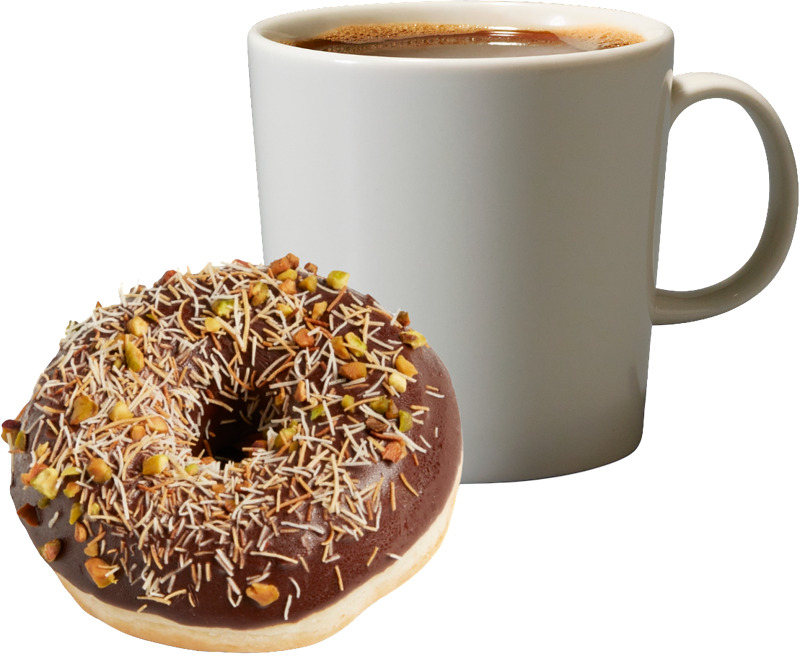 Herkullinen pistaasi-kaakaodonitsi ja kahvi.