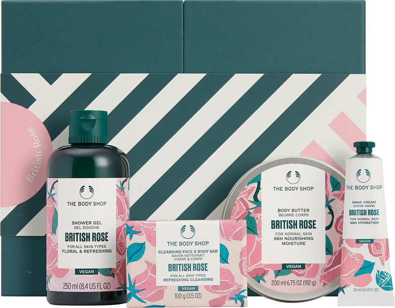 Herkän ruusuinen vartalosetti sisältää suihkugeelin, palasaippuan, käsivoiteen ja vartalovoin.