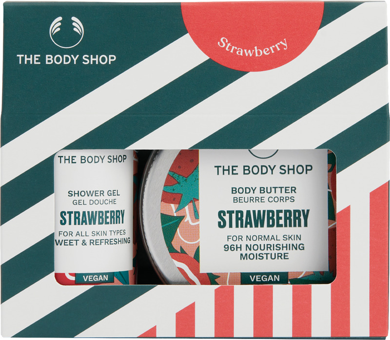 Suloinen pieni mansikkainen lahjasetti sisältää matkakokoisen vartalovoin ja suihkugeelin.