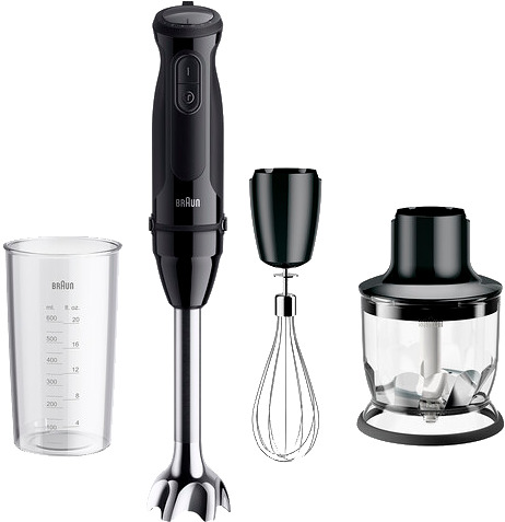 Ergonominen sauvasekoitin – mukava ote parantaa hallintaa. Mukana vispilä, teholeikkuri ja muoviastia.