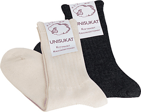 Suomessa valmistetut 100 % merinovillaiset unisukat kiristämättömällä varrella.