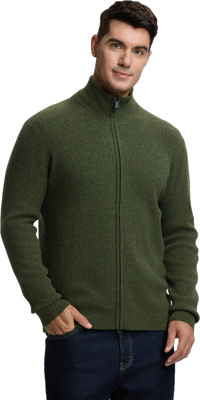 Miesten vetoketjullinen neuletakki,
80 % merinovillaa. Tumma oliivinvihreä ja musta.