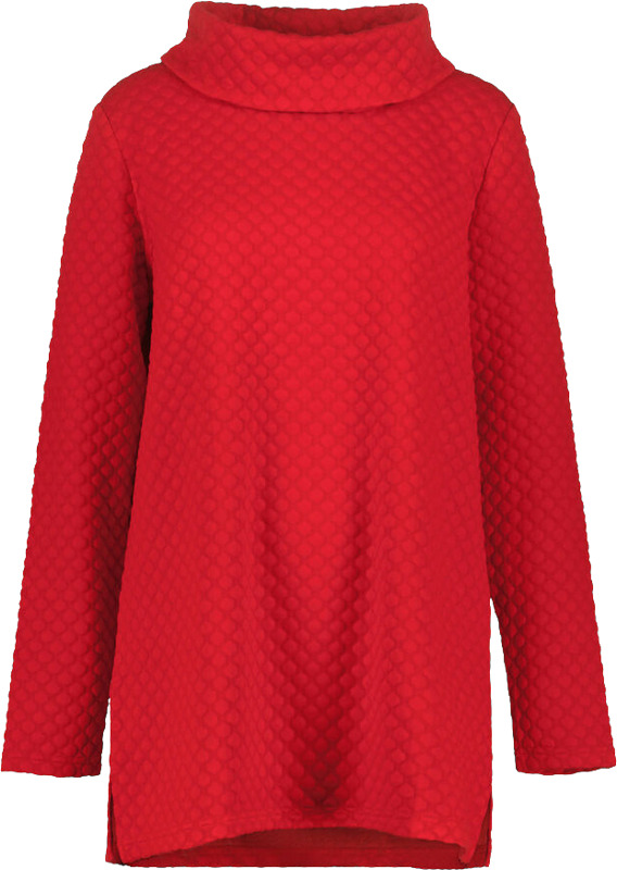 Pehmeä, kuplapintainen, viskoosisekotteinen jaquard-neulos. Punainen ja musta.