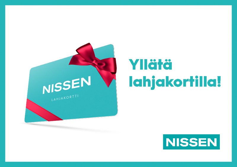 Lahjakortin voi käyttää kaikissa Nissen-myymälöissä. Lahjakortin voi käyttää osissa. 