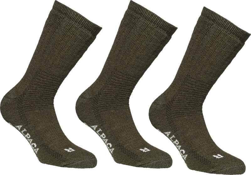 Kolmen parin paketti alpakanvillasekoitteesta kudottuja sukkia.