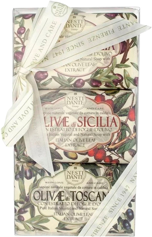 Nesti dante olive trio gift set 3 x 150 g. Kolmen eri Italian alueen oliiveista inspiroitua saippuaa.