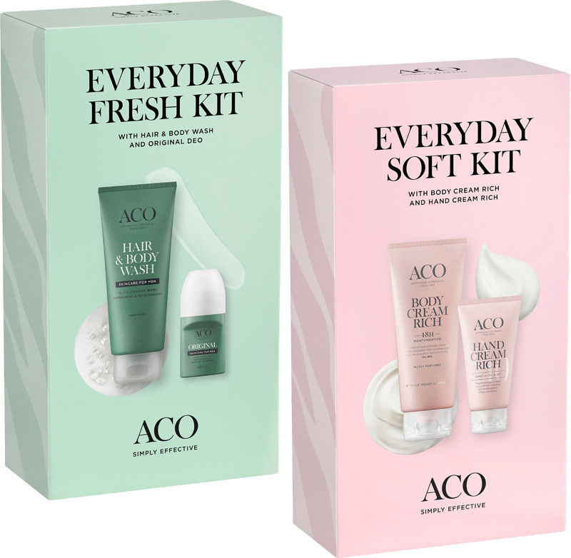 Ihanat lahjapakkaukset Aco Everyday Soft ja Aco Everyday Fresh. 