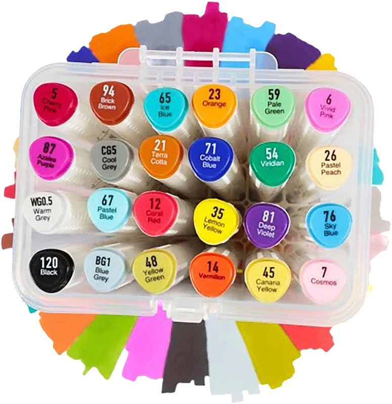 Kynissä on alkoholipohjainen muste ja kaksi eri terää (viistokärki sekä ohut kärki). 24 kpl.