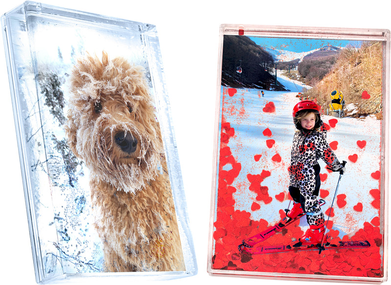 Sydämet tai lumi kelluvat kehyksen sisällä. Hinta sisältää 10x15 kuvan vaikka puhelimestasi.