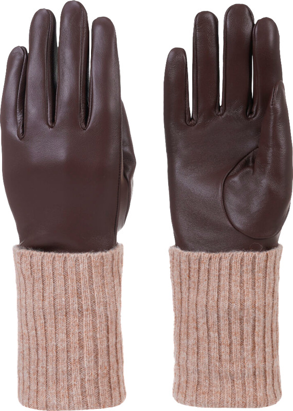 Tummanruskeat, pitkävartiset nahkakäsineet villapolyester-vuorilla.