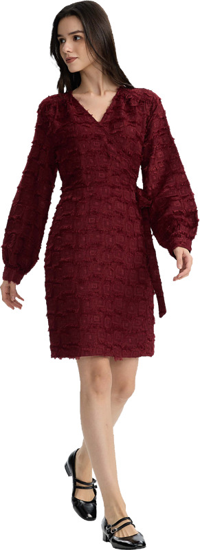 Hapsullinen kietaisumekko v-pääntiellä. Tummanpunainen.