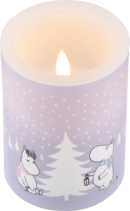 Muumi Lumisade-sarjan hempeän pastellin sävyinen, ajastimella varustettu LED-kynttilä sisäkäyttöön.