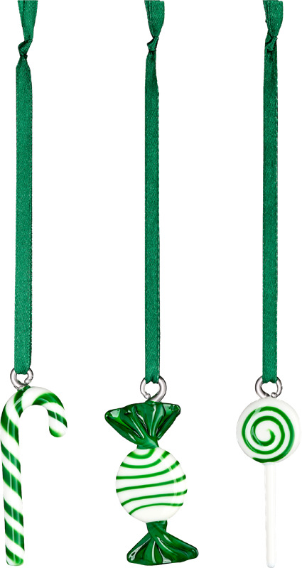 Käsityönä lasista valmistetut hauskat karkkikoristeet. 3 kpl/pkt. Vihreä tai punainen.