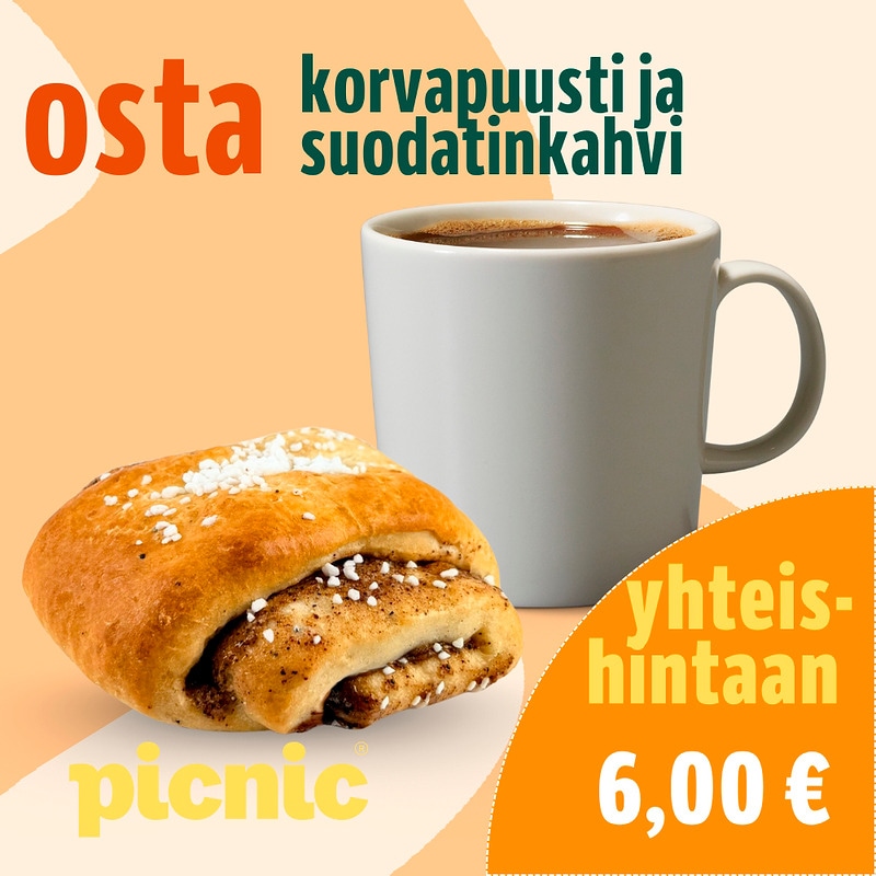 Herkullinen pehmeä korvapuusti ja pieni suodatinkahvi yhteishintaan.
Etua ei voi yhdistää muihin tarjouksiin/kampanjoihin.