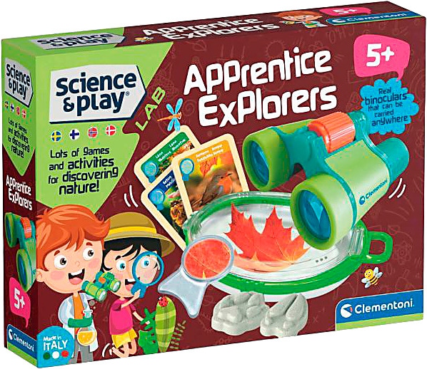Innostu ympäröivästä luonnosta lasten tutkimussetin kanssa. Tiedesetti sisältää kiikarit, astian ötököiden tutkimiseen, suurennuslasin ja muotteja, joilla voit painaa eläinten jälkiä maahan sekä kortteja, joissa on runsaasti tietoa luonnosta! Ikäsuositus: 5+