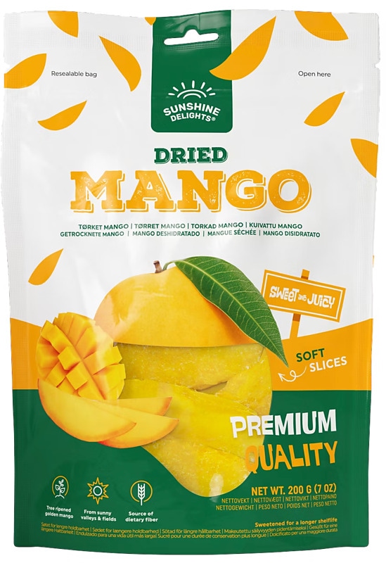 Pehmeät mangoviipaleet, isopussi 200 g.