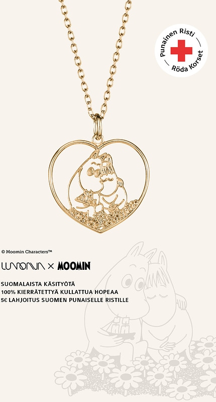 Muumi 80 vuotta juhlavuoden koru​. Jokaisesta myydystä kullatusta Rakkaus-riipuksesta 5 € SPR:lle