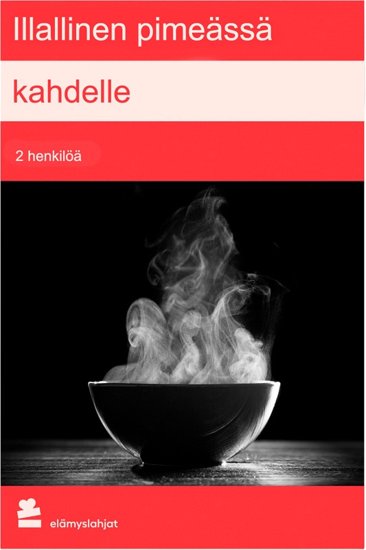 Koe kolmen ruokalajin yllätysmenu täydellisessä pimeydessä! Kun näkö katoaa, maut ja aromit korostuvat ainutlaatuisella tavalla. Unohtumaton ja hauska elämys kahdelle – täydellinen lahjaksi tai yhteiseen iltaan!