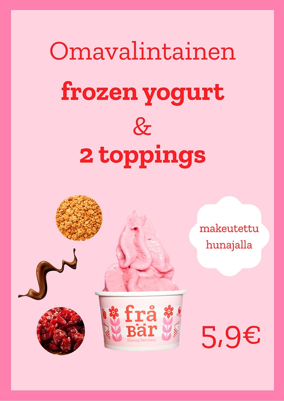 Vaihtuva topping-valikoima näkyvissä kioskilla :). Fråbär frozen yogurtit aina kotimaisista raaka-aineista, lisäaineettomasti ja ilman valkoista sokeria. 