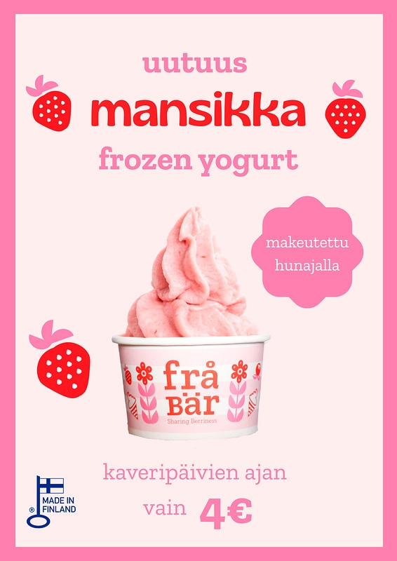 Uutuus mansikka-frozen yogurt aina kotimaisista mansikoista.